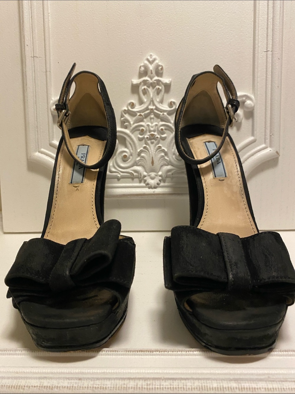 Prada Black Suede Bow Ankle-Strap Platform Heels
